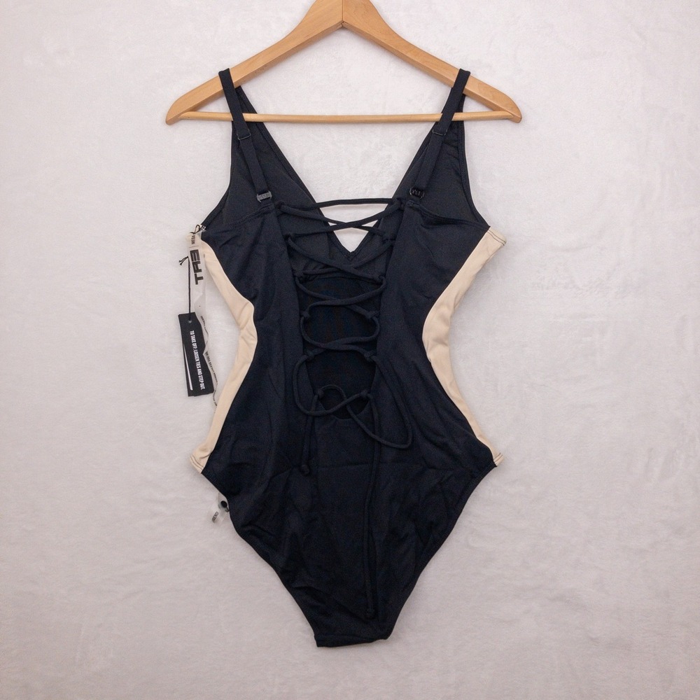 Black & Cream One-Piece Swimsuit with Side Contrast - Picture 2 of 10
